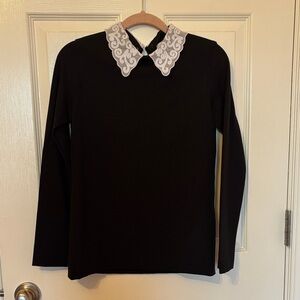 Sandro sz 1. Black Long Sleeve Top with White Embroidered Collar.  Collar is rem